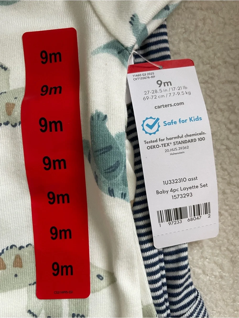 New Carter's Baby Dinosaur & Navy Stripes 4 Piece Set - Short Sleeve & Pants- 9m